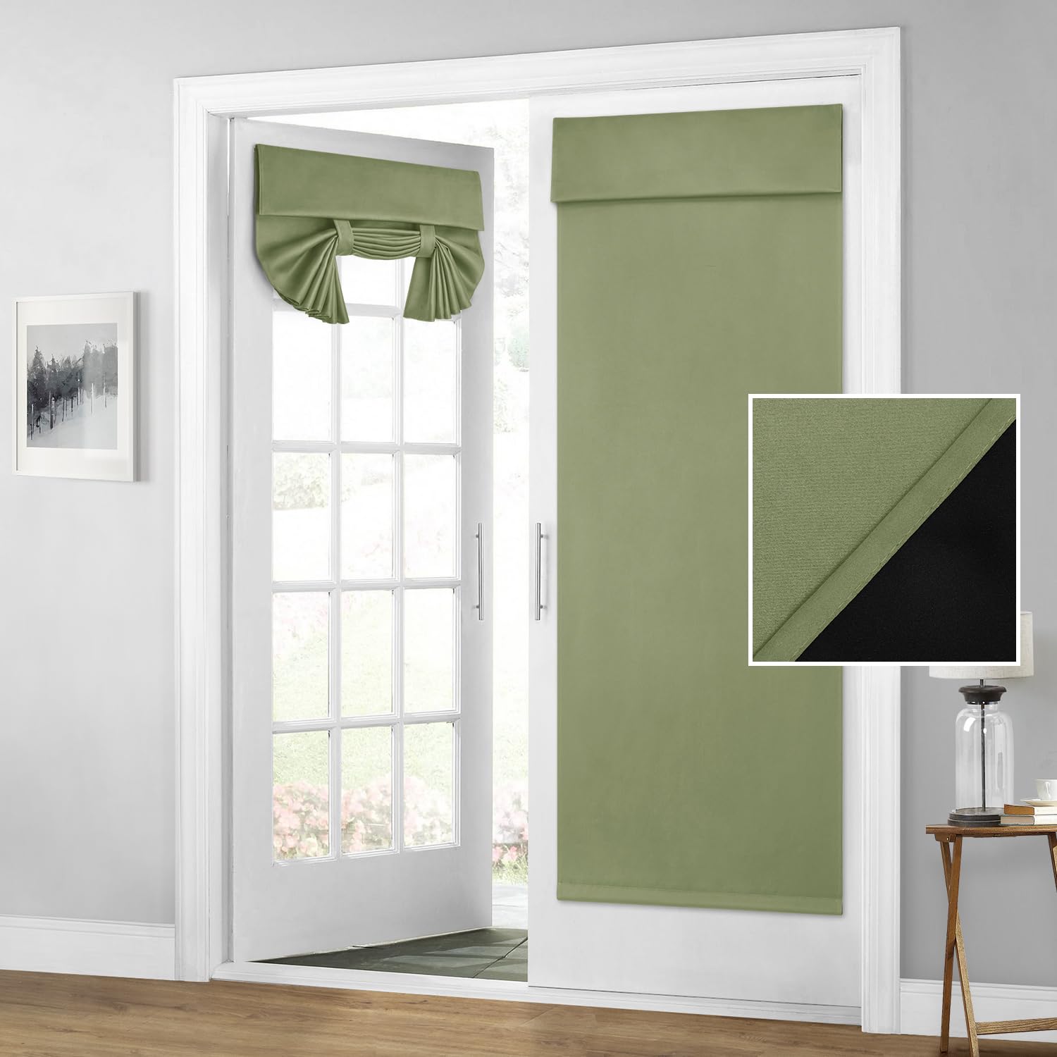 Homeideas 100% Blackout French Door Curtains, Privacy Door Curtains For Door Window, 26 X 80 Inch Room Darkening Curtains, Thermal Insulated Door Window Shades For Bedroom, (1 Panel, Sage Green)